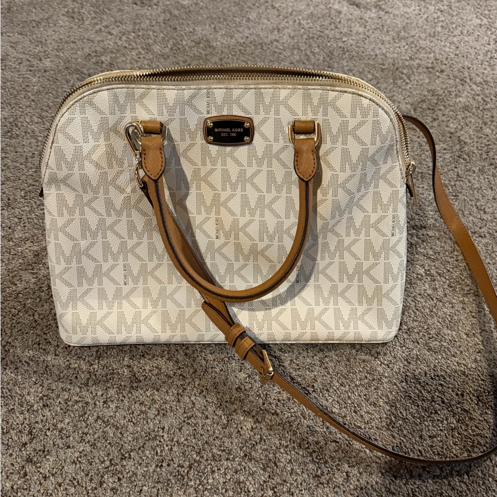 Michael Kors White and Tan Signature Satchel